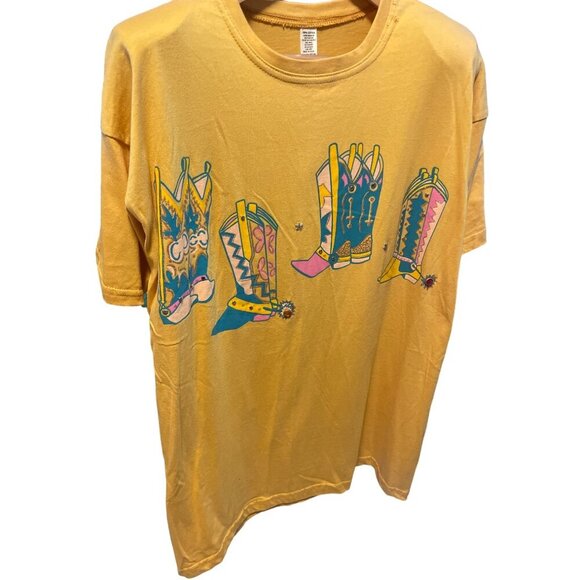 Vintage 90s UNBRANDED Yellow Cowboy Boot Graphic Oversized Tee SZ XL - Picture 3 of 7